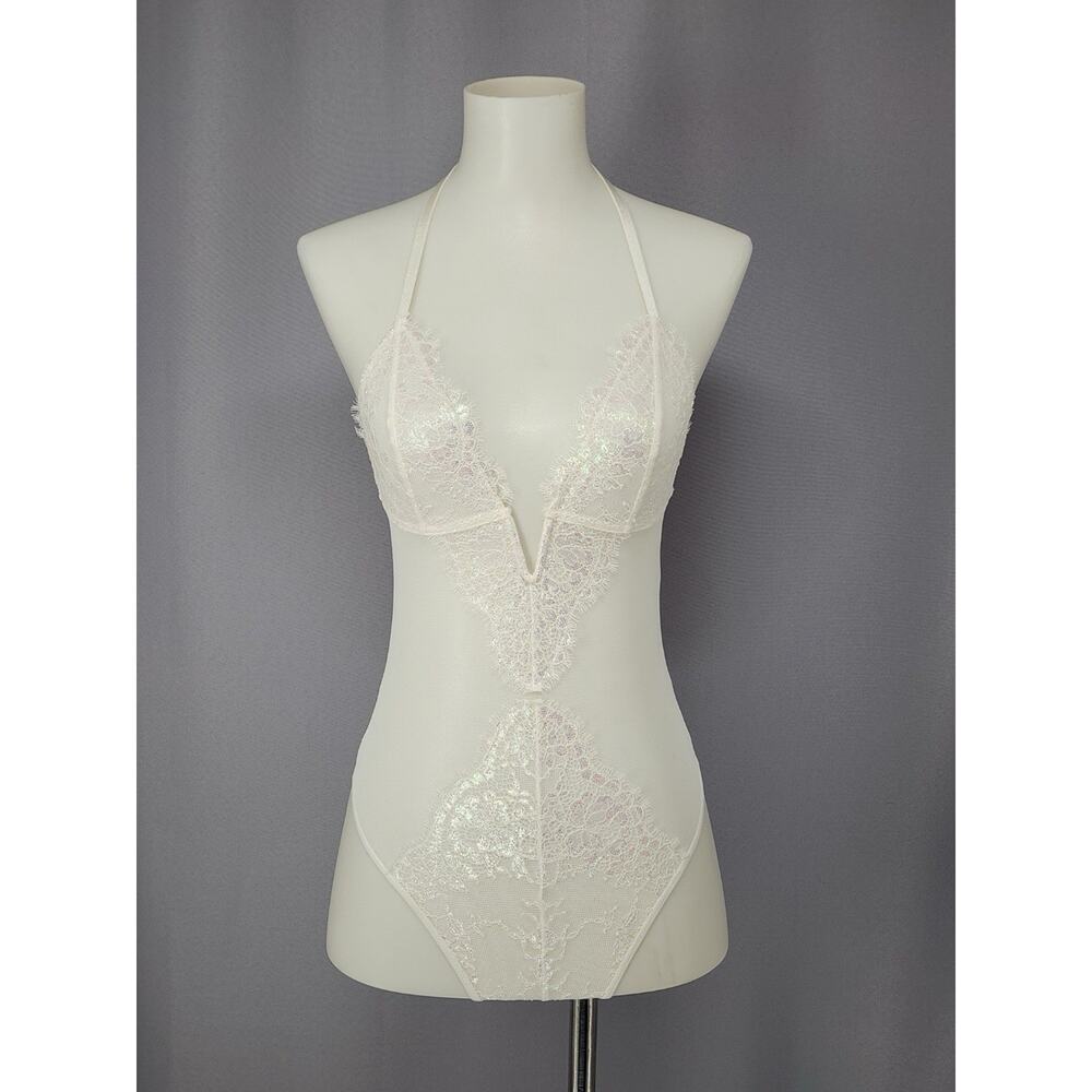 Victorias Secret Lingerie XS Teddy Bodysuit Cream Lace Mesh Coquette Bridal